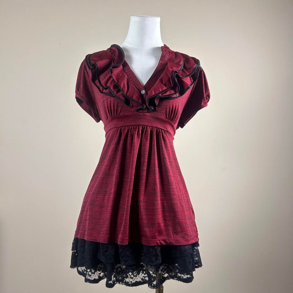 Heart Soul Red and Black Horror Game Protaganist Ruffle Tie Top